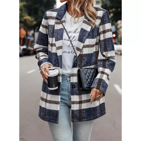 imagePRETTYGARDEN Womens 2024 Plaid Shacket Jacket Casual Button Wool Blend Winter Tartan Trench Coat With PocketsShort Style Navy Plaid
