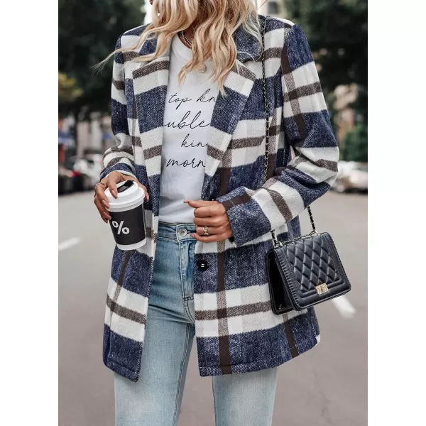 imagePRETTYGARDEN Womens 2024 Plaid Shacket Jacket Casual Button Wool Blend Winter Tartan Trench Coat With PocketsShort Style Navy Plaid
