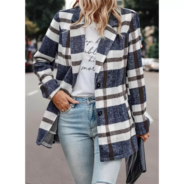 imagePRETTYGARDEN Womens 2024 Plaid Shacket Jacket Casual Button Wool Blend Winter Tartan Trench Coat With PocketsShort Style Navy Plaid