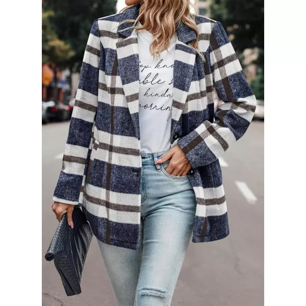 imagePRETTYGARDEN Womens 2024 Plaid Shacket Jacket Casual Button Wool Blend Winter Tartan Trench Coat With PocketsShort Style Navy Plaid