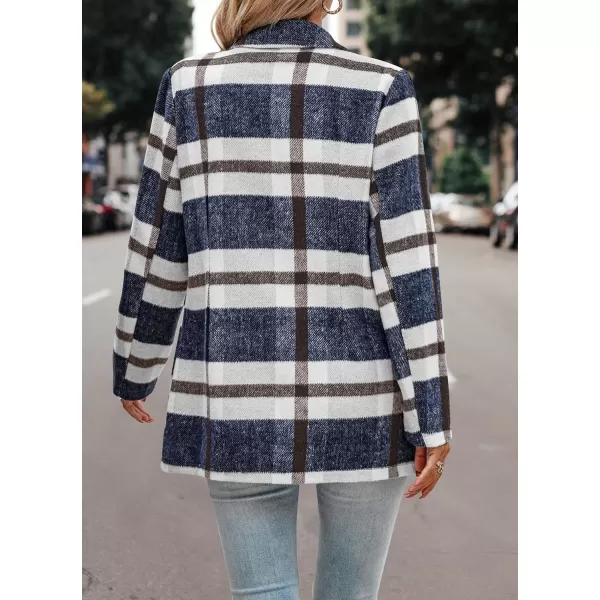imagePRETTYGARDEN Womens 2024 Plaid Shacket Jacket Casual Button Wool Blend Winter Tartan Trench Coat With PocketsShort Style Navy Plaid