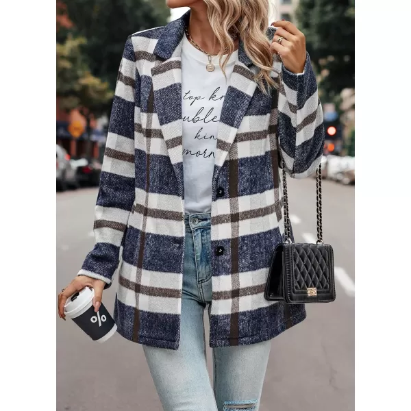 imagePRETTYGARDEN Womens 2024 Plaid Shacket Jacket Casual Button Wool Blend Winter Tartan Trench Coat With PocketsShort Style Navy Plaid