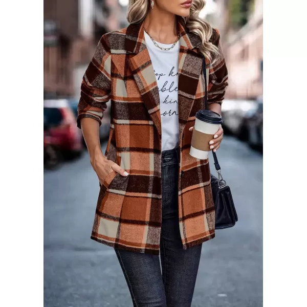 imagePRETTYGARDEN Womens 2024 Plaid Shacket Jacket Casual Button Wool Blend Winter Tartan Trench Coat With PocketsShort Style Orange