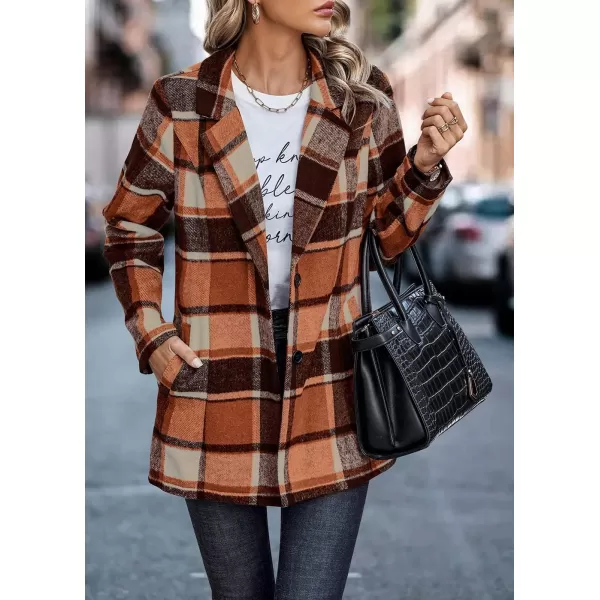 imagePRETTYGARDEN Womens 2024 Plaid Shacket Jacket Casual Button Wool Blend Winter Tartan Trench Coat With PocketsShort Style Orange