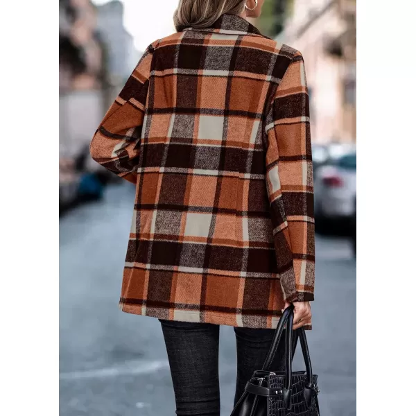 imagePRETTYGARDEN Womens 2024 Plaid Shacket Jacket Casual Button Wool Blend Winter Tartan Trench Coat With PocketsShort Style Orange