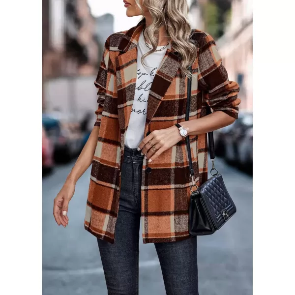 imagePRETTYGARDEN Womens 2024 Plaid Shacket Jacket Casual Button Wool Blend Winter Tartan Trench Coat With PocketsShort Style Orange