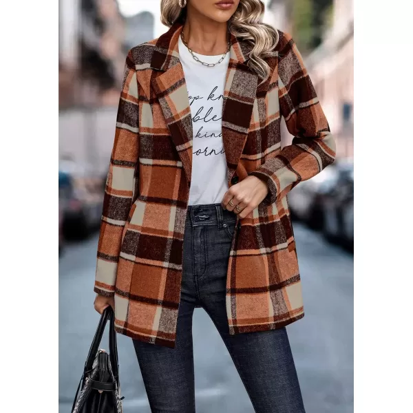 imagePRETTYGARDEN Womens 2024 Plaid Shacket Jacket Casual Button Wool Blend Winter Tartan Trench Coat With PocketsShort Style Orange