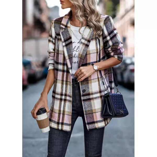 imagePRETTYGARDEN Womens 2024 Plaid Shacket Jacket Casual Button Wool Blend Winter Tartan Trench Coat With PocketsShort Style Pink