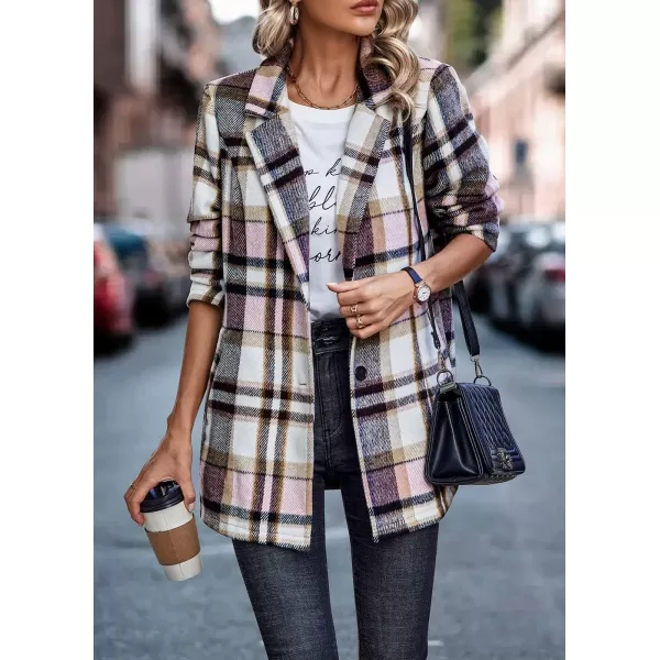 imagePRETTYGARDEN Womens 2024 Plaid Shacket Jacket Casual Button Wool Blend Winter Tartan Trench Coat With PocketsShort Style Pink