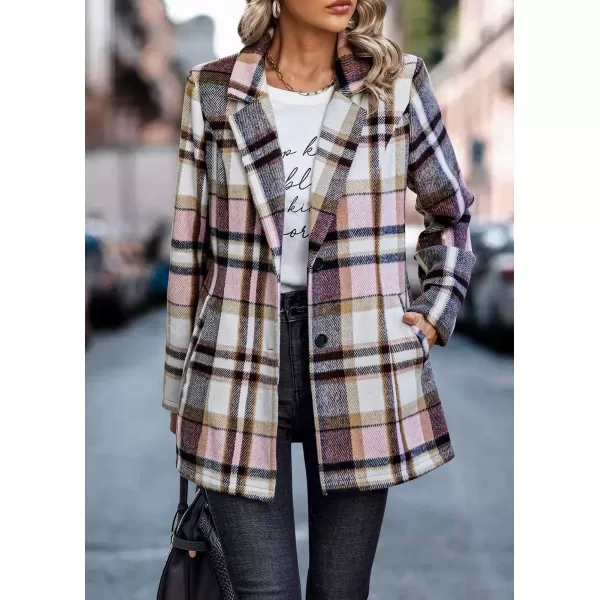 imagePRETTYGARDEN Womens 2024 Plaid Shacket Jacket Casual Button Wool Blend Winter Tartan Trench Coat With PocketsShort Style Pink