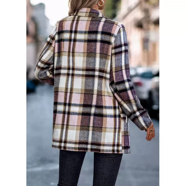 imagePRETTYGARDEN Womens 2024 Plaid Shacket Jacket Casual Button Wool Blend Winter Tartan Trench Coat With PocketsShort Style Pink
