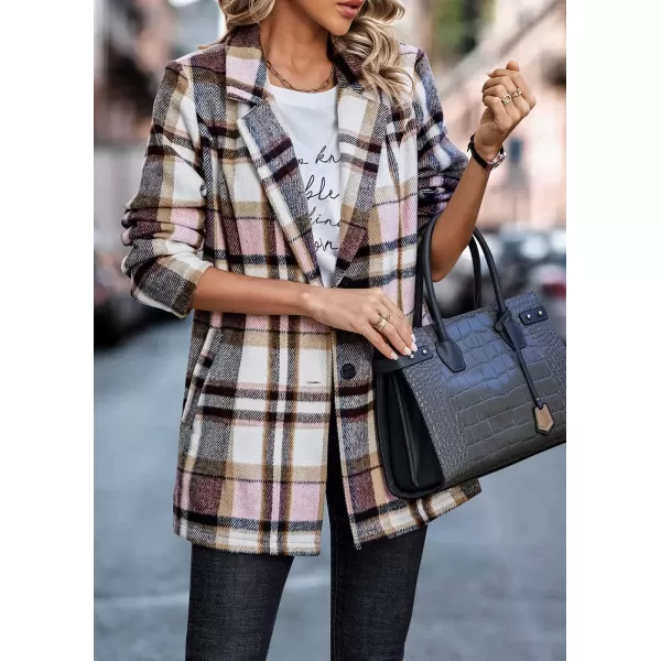 imagePRETTYGARDEN Womens 2024 Plaid Shacket Jacket Casual Button Wool Blend Winter Tartan Trench Coat With PocketsShort Style Pink