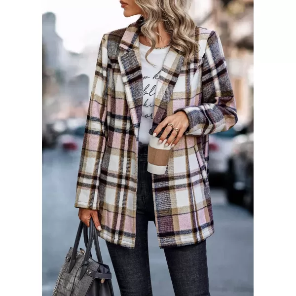 imagePRETTYGARDEN Womens 2024 Plaid Shacket Jacket Casual Button Wool Blend Winter Tartan Trench Coat With PocketsShort Style Pink