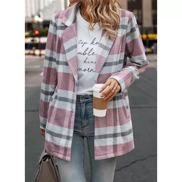 imagePRETTYGARDEN Womens 2024 Plaid Shacket Jacket Casual Button Wool Blend Winter Tartan Trench Coat With PocketsShort Style Pink White