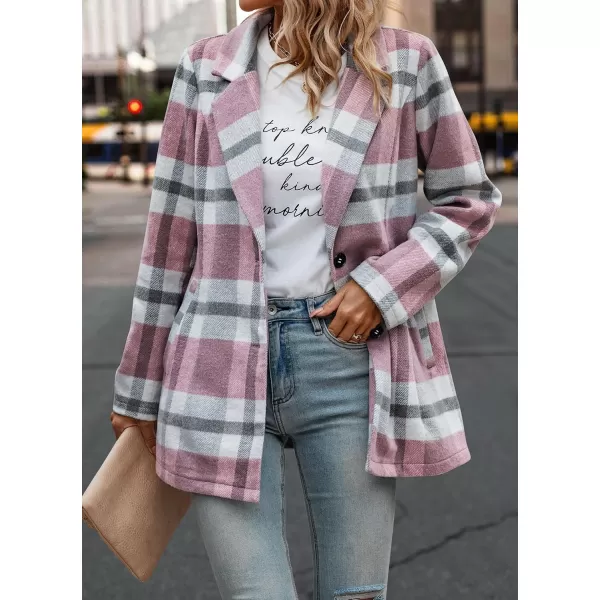 imagePRETTYGARDEN Womens 2024 Plaid Shacket Jacket Casual Button Wool Blend Winter Tartan Trench Coat With PocketsShort Style Pink White