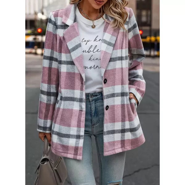 imagePRETTYGARDEN Womens 2024 Plaid Shacket Jacket Casual Button Wool Blend Winter Tartan Trench Coat With PocketsShort Style Pink White