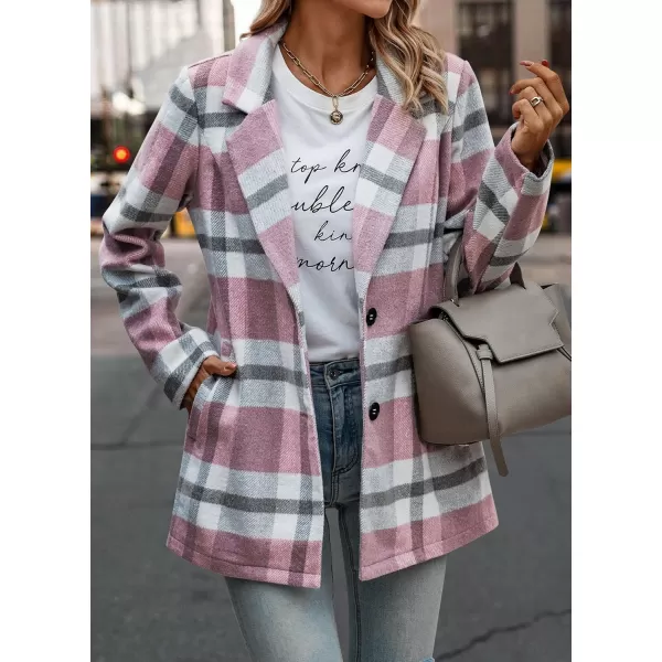 imagePRETTYGARDEN Womens 2024 Plaid Shacket Jacket Casual Button Wool Blend Winter Tartan Trench Coat With PocketsShort Style Pink White