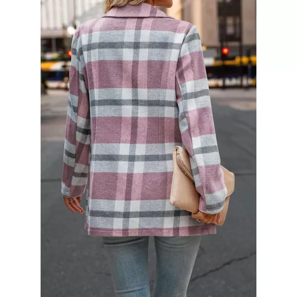 imagePRETTYGARDEN Womens 2024 Plaid Shacket Jacket Casual Button Wool Blend Winter Tartan Trench Coat With PocketsShort Style Pink White