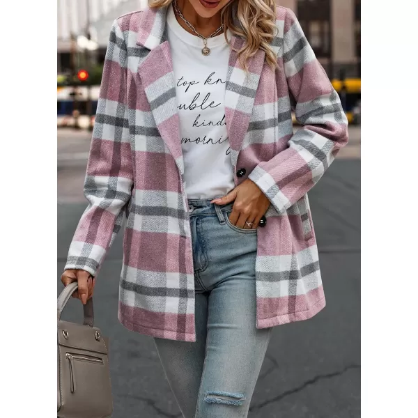 imagePRETTYGARDEN Womens 2024 Plaid Shacket Jacket Casual Button Wool Blend Winter Tartan Trench Coat With PocketsShort Style Pink White