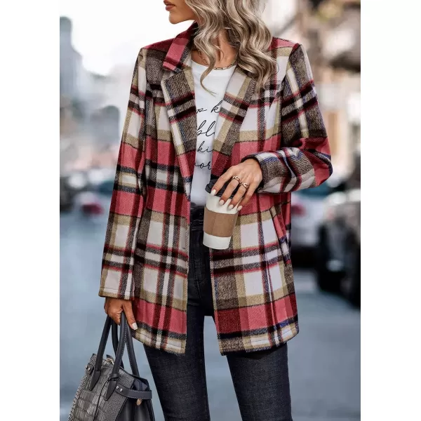 imagePRETTYGARDEN Womens 2024 Plaid Shacket Jacket Casual Button Wool Blend Winter Tartan Trench Coat With PocketsShort Style Red