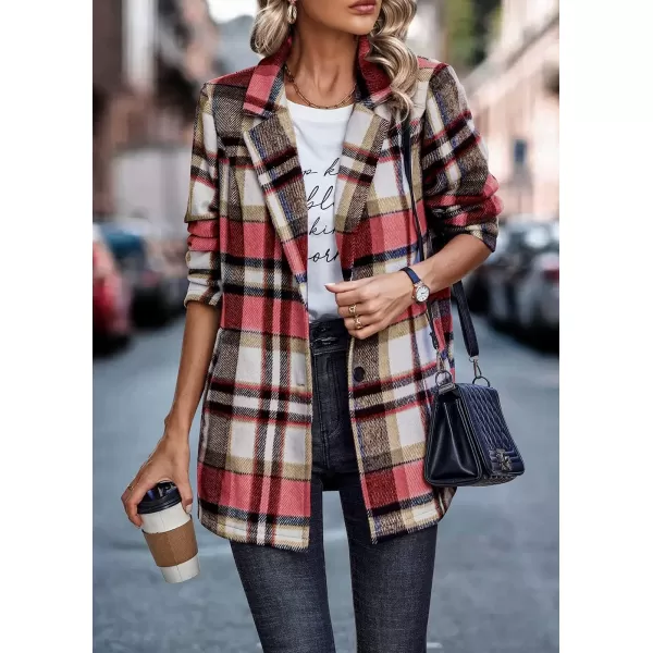 imagePRETTYGARDEN Womens 2024 Plaid Shacket Jacket Casual Button Wool Blend Winter Tartan Trench Coat With PocketsShort Style Red