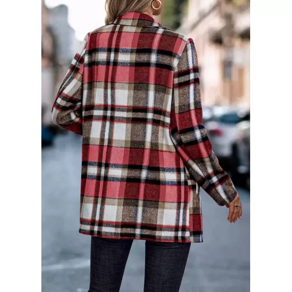imagePRETTYGARDEN Womens 2024 Plaid Shacket Jacket Casual Button Wool Blend Winter Tartan Trench Coat With PocketsShort Style Red