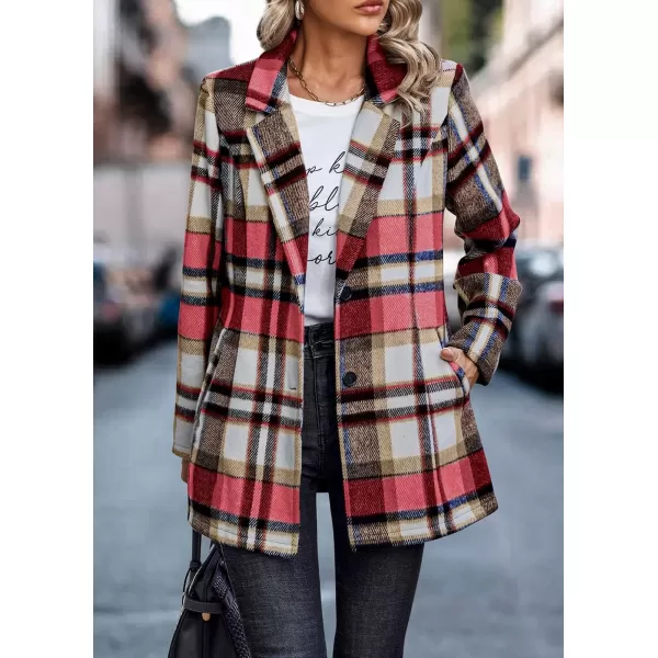 imagePRETTYGARDEN Womens 2024 Plaid Shacket Jacket Casual Button Wool Blend Winter Tartan Trench Coat With PocketsShort Style Red