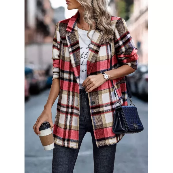 imagePRETTYGARDEN Womens 2024 Plaid Shacket Jacket Casual Button Wool Blend Winter Tartan Trench Coat With PocketsShort Style Red