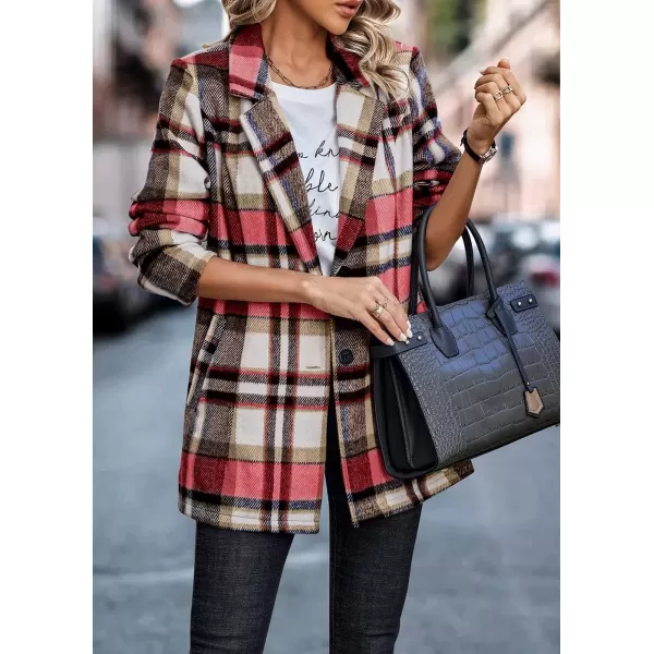 imagePRETTYGARDEN Womens 2024 Plaid Shacket Jacket Casual Button Wool Blend Winter Tartan Trench Coat With PocketsShort Style Red