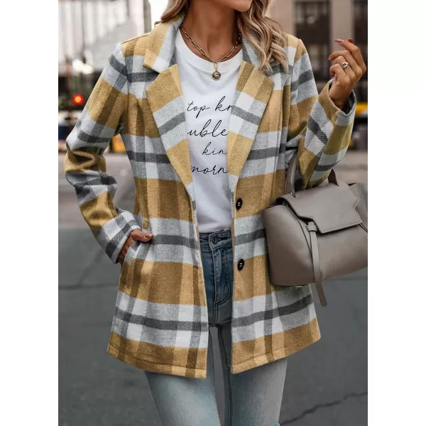 imagePRETTYGARDEN Womens 2024 Plaid Shacket Jacket Casual Button Wool Blend Winter Tartan Trench Coat With PocketsShort Style Yellow Plaid