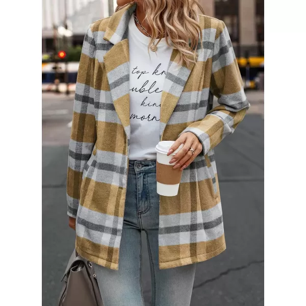 imagePRETTYGARDEN Womens 2024 Plaid Shacket Jacket Casual Button Wool Blend Winter Tartan Trench Coat With PocketsShort Style Yellow Plaid