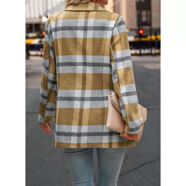 imagePRETTYGARDEN Womens 2024 Plaid Shacket Jacket Casual Button Wool Blend Winter Tartan Trench Coat With PocketsShort Style Yellow Plaid