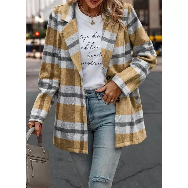 imagePRETTYGARDEN Womens 2024 Plaid Shacket Jacket Casual Button Wool Blend Winter Tartan Trench Coat With PocketsShort Style Yellow Plaid