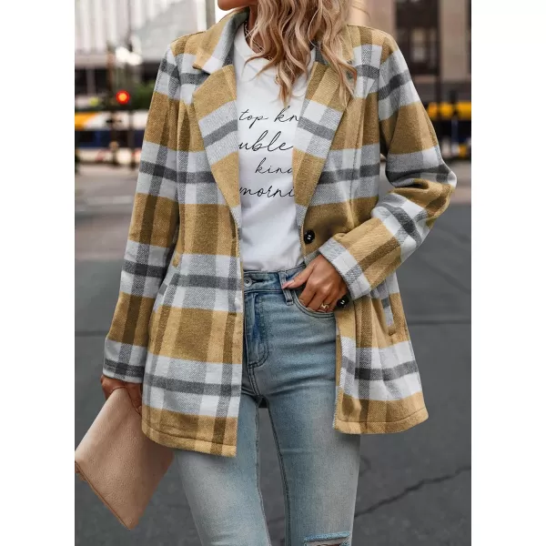 imagePRETTYGARDEN Womens 2024 Plaid Shacket Jacket Casual Button Wool Blend Winter Tartan Trench Coat With PocketsShort Style Yellow Plaid
