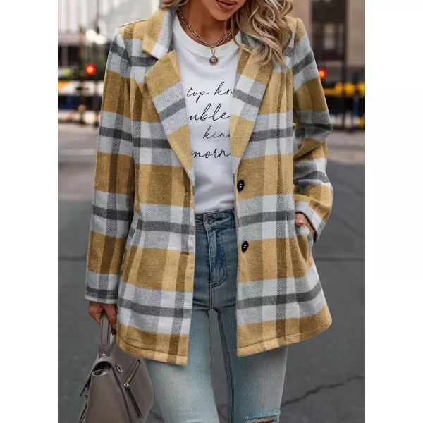 imagePRETTYGARDEN Womens 2024 Plaid Shacket Jacket Casual Button Wool Blend Winter Tartan Trench Coat With PocketsShort Style Yellow Plaid
