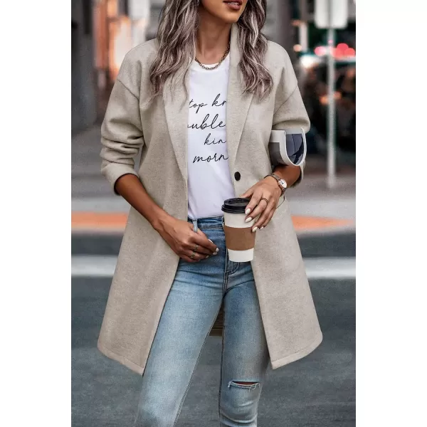 imagePRETTYGARDEN Womens 2024 Plaid Shacket Jacket Casual Button Wool Blend Winter Tartan Trench Coat With PocketsSolid Apricot