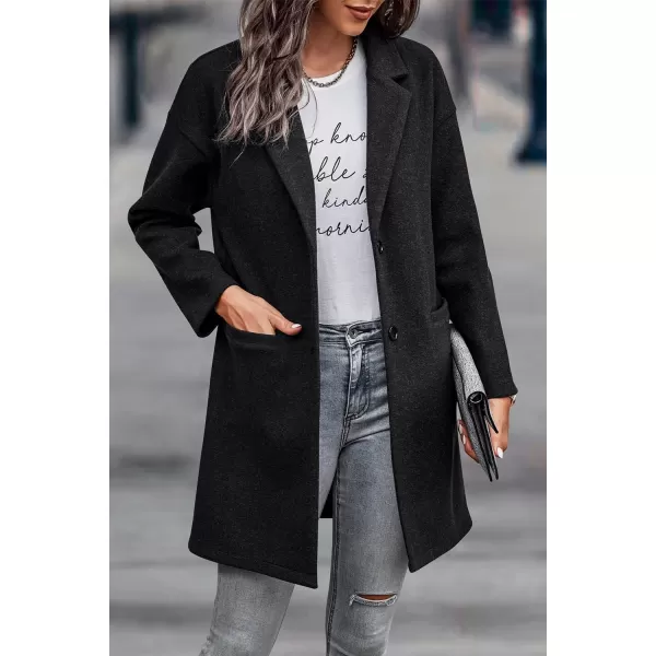 imagePRETTYGARDEN Womens 2024 Plaid Shacket Jacket Casual Button Wool Blend Winter Tartan Trench Coat With PocketsSolid Black