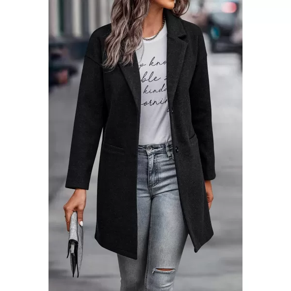 imagePRETTYGARDEN Womens 2024 Plaid Shacket Jacket Casual Button Wool Blend Winter Tartan Trench Coat With PocketsSolid Black
