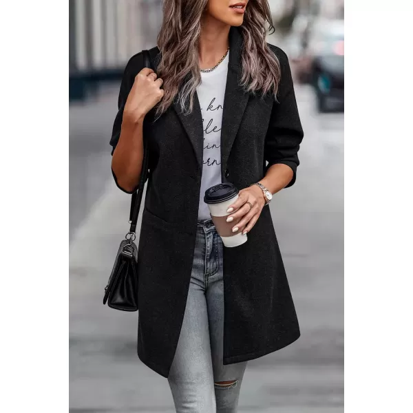 imagePRETTYGARDEN Womens 2024 Plaid Shacket Jacket Casual Button Wool Blend Winter Tartan Trench Coat With PocketsSolid Black