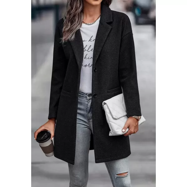 imagePRETTYGARDEN Womens 2024 Plaid Shacket Jacket Casual Button Wool Blend Winter Tartan Trench Coat With PocketsSolid Black