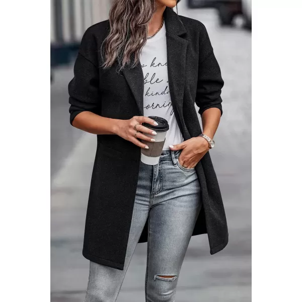 imagePRETTYGARDEN Womens 2024 Plaid Shacket Jacket Casual Button Wool Blend Winter Tartan Trench Coat With PocketsSolid Black