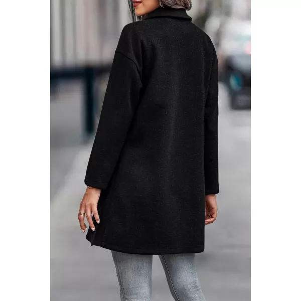 imagePRETTYGARDEN Womens 2024 Plaid Shacket Jacket Casual Button Wool Blend Winter Tartan Trench Coat With PocketsSolid Black