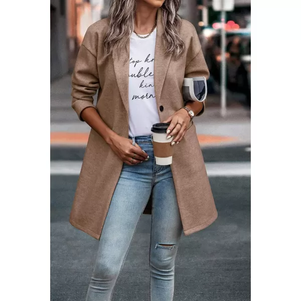 imagePRETTYGARDEN Womens 2024 Plaid Shacket Jacket Casual Button Wool Blend Winter Tartan Trench Coat With PocketsSolid Camel