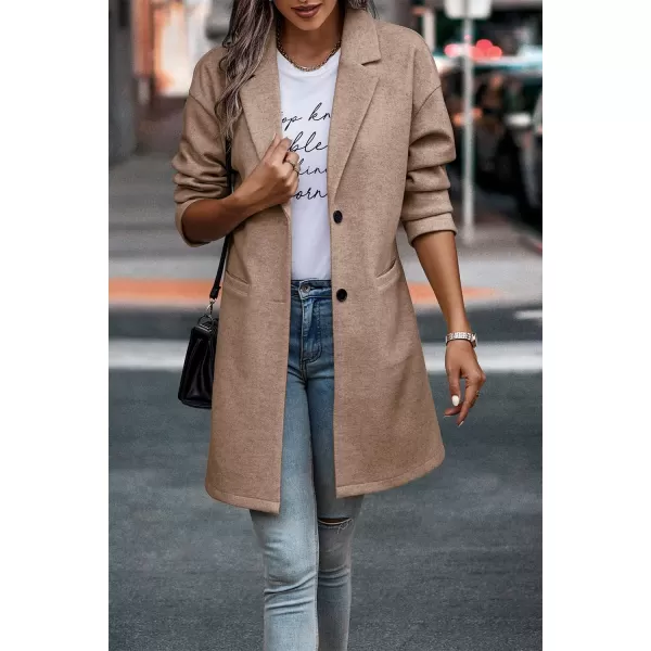 imagePRETTYGARDEN Womens 2024 Plaid Shacket Jacket Casual Button Wool Blend Winter Tartan Trench Coat With PocketsSolid Camel
