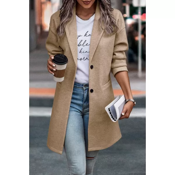 imagePRETTYGARDEN Womens 2024 Plaid Shacket Jacket Casual Button Wool Blend Winter Tartan Trench Coat With PocketsSolid Khaki
