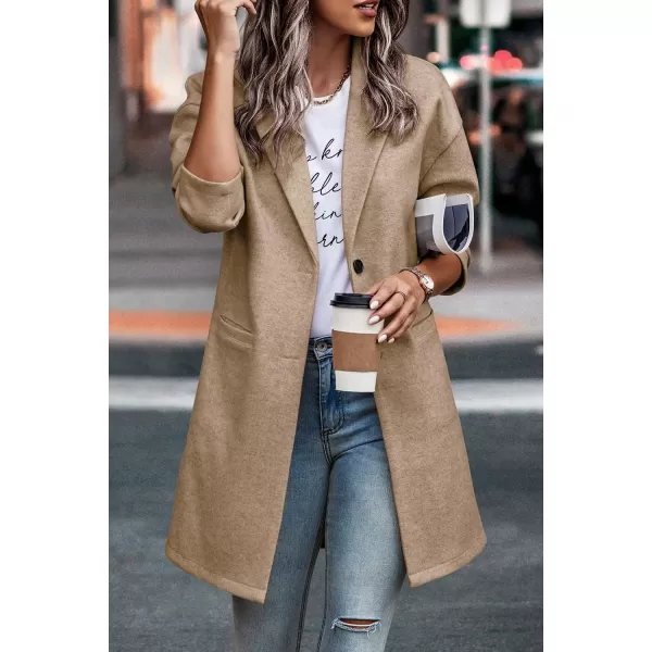 imagePRETTYGARDEN Womens 2024 Plaid Shacket Jacket Casual Button Wool Blend Winter Tartan Trench Coat With PocketsSolid Khaki