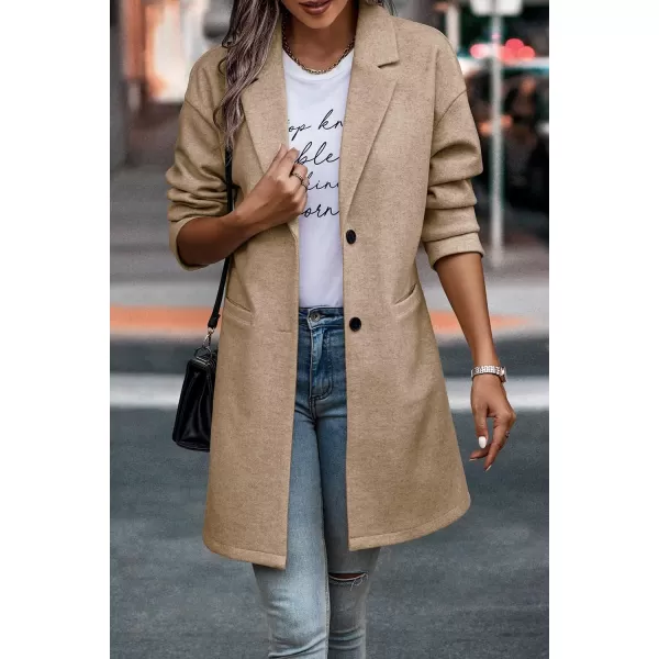 imagePRETTYGARDEN Womens 2024 Plaid Shacket Jacket Casual Button Wool Blend Winter Tartan Trench Coat With PocketsSolid Khaki
