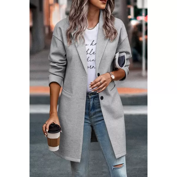 imagePRETTYGARDEN Womens 2024 Plaid Shacket Jacket Casual Button Wool Blend Winter Tartan Trench Coat With PocketsSolid Light Grey