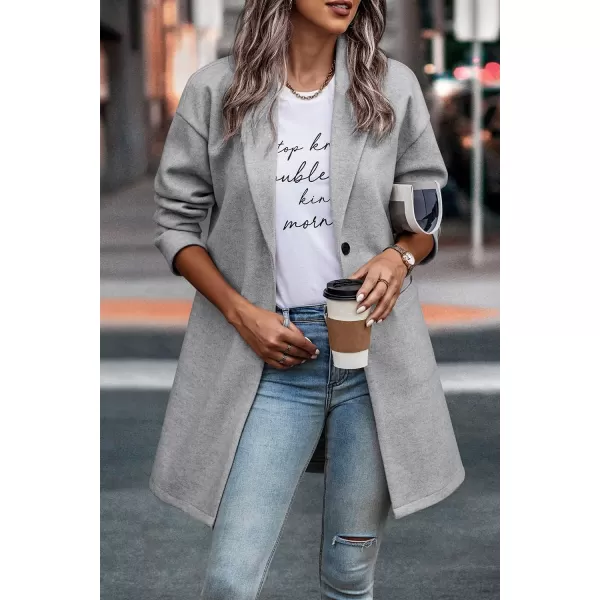 imagePRETTYGARDEN Womens 2024 Plaid Shacket Jacket Casual Button Wool Blend Winter Tartan Trench Coat With PocketsSolid Light Grey