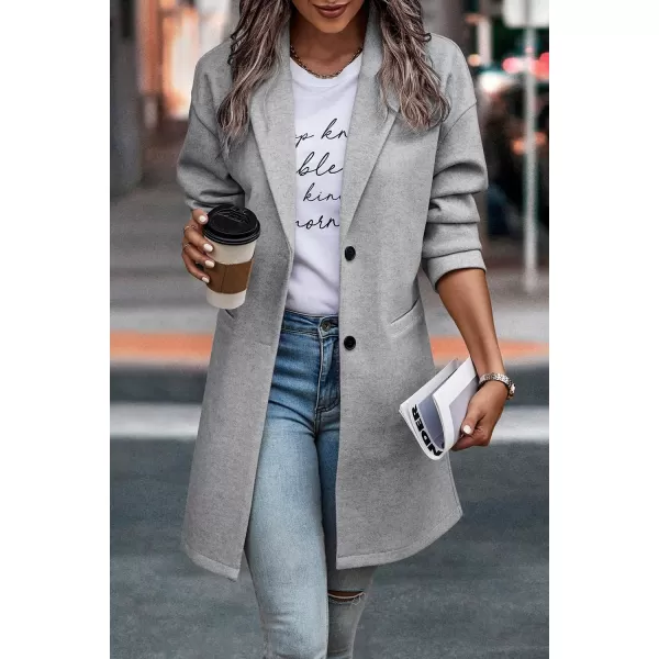 imagePRETTYGARDEN Womens 2024 Plaid Shacket Jacket Casual Button Wool Blend Winter Tartan Trench Coat With PocketsSolid Light Grey